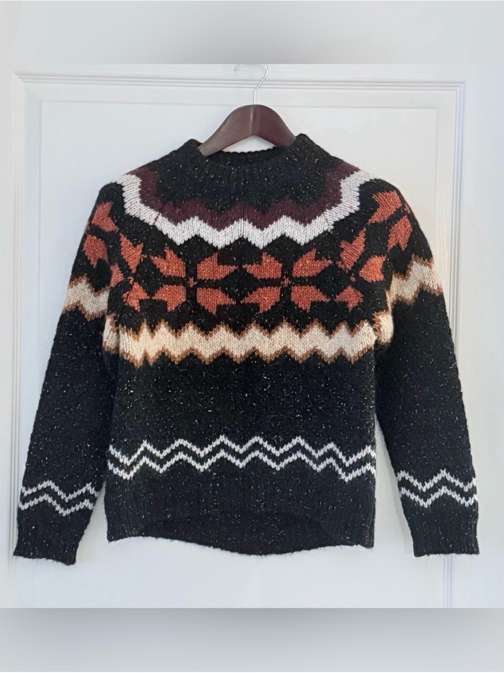 Black Crewneck Fair Isle Sweater with Rust and Cream Accents